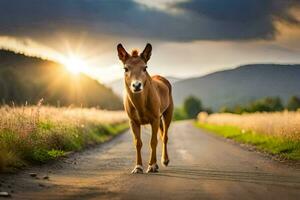 a donkey is walking down a road at sunset. AI-Generated photo