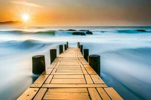 a wooden pier stretches into the ocean at sunset. AI-Generated photo