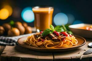 spaghetti with meat and vegetables on a wooden table. AI-Generated photo