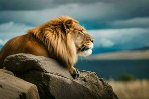 un león sentado en un rock en frente de un nublado cielo. generado por ai foto