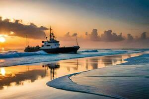 un barco en el playa a puesta de sol. generado por ai foto