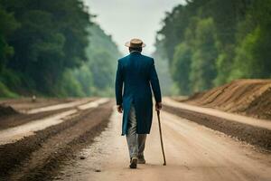 a man in a blue suit walks down a dirt road. AI-Generated photo