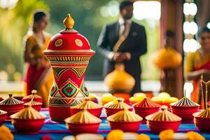 a table with colorful vases and a man in a suit. AI-Generated photo