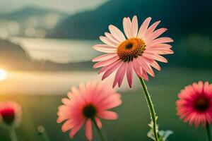 pink flowers in the sun with mountains in the background. AI-Generated photo