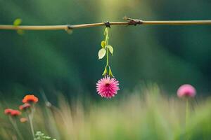 a pink flower hanging from a branch in a field. AI-Generated photo