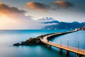 a long exposure photo of a pier and mountains at sunset. AI-Generated