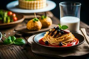 spaghetti with meat and vegetables on a wooden table. AI-Generated photo