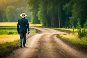 a man in a suit and hat walks down a dirt road. AI-Generated photo