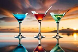 three martini glasses with colorful drinks on the beach. AI-Generated photo