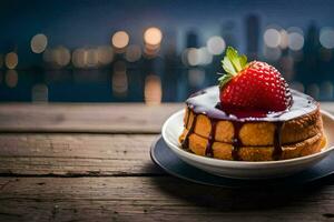 a strawberry and cake on a plate with a city view. AI-Generated photo