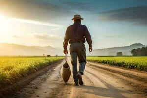 a man walking down a dirt road with a basket. AI-Generated photo