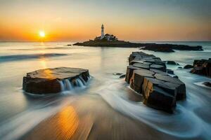 the sun sets over a lighthouse on the rocks. AI-Generated photo