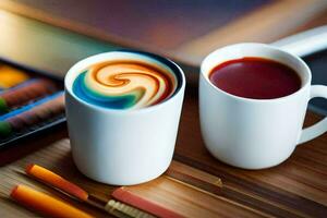 two coffee cups with colorful swirls on top. AI-Generated photo