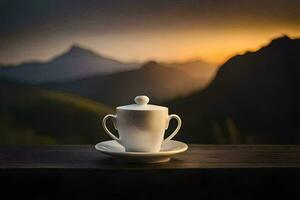 a cup and saucer on a table in front of a mountain. AI-Generated photo