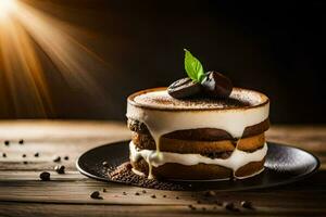 a dessert with chocolate and cream on a black plate. AI-Generated photo