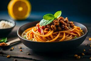 spaghetti with beans and tomatoes in a bowl. AI-Generated photo