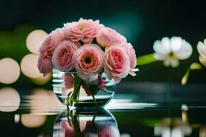 pink flowers in a vase on a table. AI-Generated photo