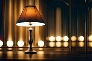 a lamp is sitting on a table in front of a window. AI-Generated photo