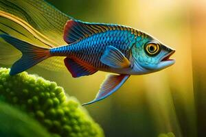 a fish with bright colors is swimming in the water. AI-Generated photo