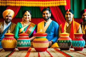 indio Boda ceremonia con vistoso ollas. generado por ai foto