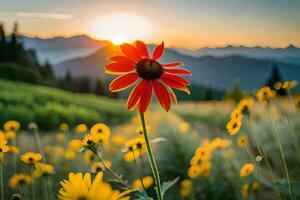 a red flower stands in the middle of a field with mountains in the background. AI-Generated photo