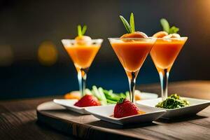 three glasses of orange juice with strawberries and mint. AI-Generated photo