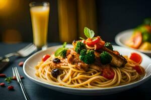 spaghetti with chicken and vegetables on a table. AI-Generated photo