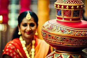 un mujer en tradicional indio atuendo en pie siguiente a un grande maceta. generado por ai foto