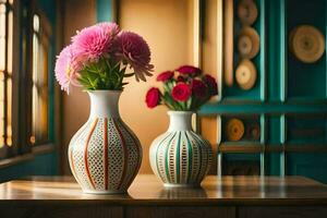 two vases with flowers on a table. AI-Generated photo