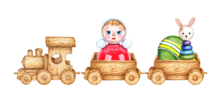 Children's toy wooden train and two wagons. Watercolor illustration of toys riding in a steam locomotive on an isolated background. Drawing of a toy train for children's design. png