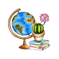 Watercolor illustration of a blue-green globe on a brown base, a stack of books and a cactus. Back to school. Education concept isolated. drawn by hand. png