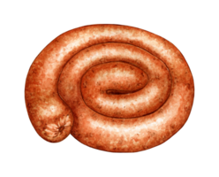 Watercolor illustration of fried snail sausage. Traditional snack for picnic, festival, Oktoberfest. Isolated. Ideal food concept, packaging design, cafe, restaurant, menu. png