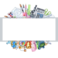 Watercolor rectangular frame banner with the image of students, school supplies, equipment, stationery. Back to school. Education concept isolated png