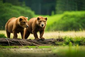 two brown bears walking across a fallen log. AI-Generated photo