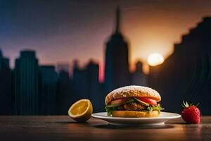 a hamburger with a strawberry and a slice of lemon on a plate in front of a city. AI-Generated photo