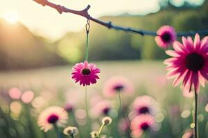 pink flowers hanging from a vine in a field. AI-Generated photo