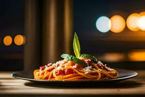 a plate of spaghetti with tomato sauce and basil leaves. AI-Generated photo