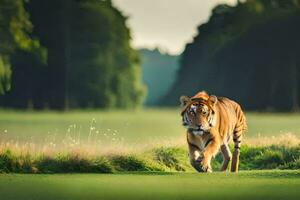 un Tigre caminando a través de un lozano verde campo. generado por ai foto