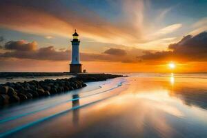 a lighthouse stands on the shore of a body of water at sunset. AI-Generated photo