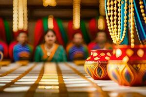 un mesa con vistoso ollas y un mujer en tradicional vestido. generado por ai foto