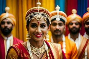 a beautiful indian bride with her bridal party. AI-Generated photo