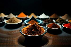a variety of spices in bowls. AI-Generated photo