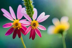 two pink flowers with yellow centers in front of a green background. AI-Generated photo