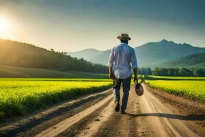 hombre caminando en un suciedad la carretera en el medio de un campo. generado por ai foto