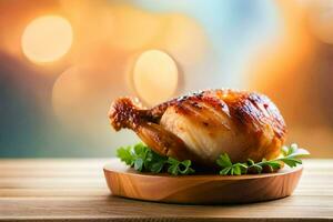 a chicken on a wooden plate with a green garnish. AI-Generated photo