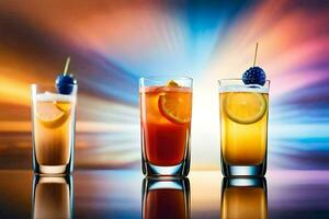 three different types of alcoholic drinks in glasses. AI-Generated photo