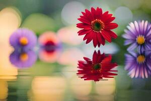 red flowers in the water with a green background. AI-Generated photo