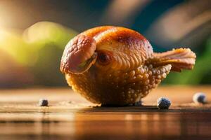 un pollo es sentado en parte superior de un pedazo de fruta. generado por ai foto