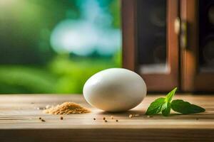 un blanco huevo en un de madera mesa con un verde hoja. generado por ai foto