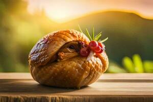 a chicken wrapped in a pastry on a table. AI-Generated photo